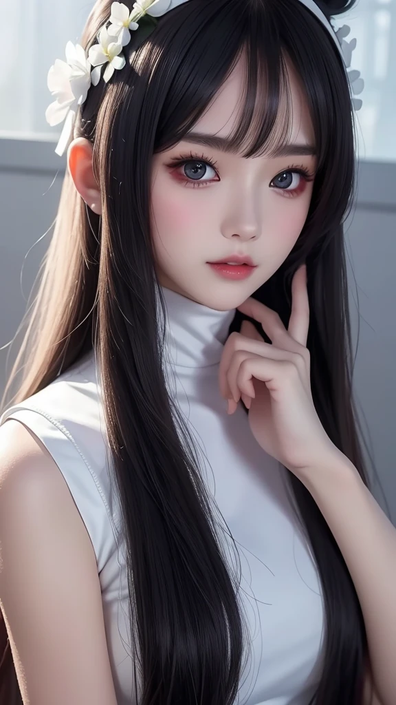One wearing a white dress、Close-up of woman wearing black headband, guweiz style artwork, IG model | artistic germ, extremely detailed artistic germ, surreal anime, Soft portrait shots 8K, artistic germ. anime illustration, Bowater&#39;s art style, Blue-haired princess, 8k artistic germ bokeh，blue hair，semi long hair，blue eyes，Beautiful glasses，wear glasses（focus），huge ，bright smile