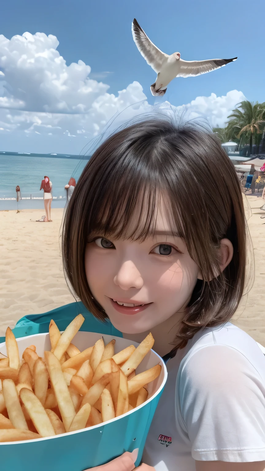 closeup shot , Best picture quality (8K, high resolution, Masterpiece: 1.2), super detailed,  215 Short Hair, -yeld wo, 

situation: A picnic scene on the beach、A scene where a seagull is aiming for french fries。
clothing: Beach Casual（Shorts、T-Shirts、Swimwear、Sandals）。Do you let your hair down naturally?、Attach with a cap。
angle: Beach landscape background、A wide-angle shot of people enjoying a meal on a picnic sheet。Close-up of a seagull approaching and aiming for french fries。The amusing footage captures the surprised expressions and the battle with the seagulls.。

Close-up of face 

, random cute pose ,big eyes ,Puffy eyes ,  Heart Pupil, blush  , huge shy smile , salute
