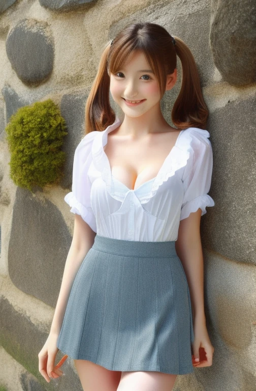 ((Ultra-high resolution)),8k,、Bending over to show cleavage、Small breasts, , Twin tails, mini skirt, shirt, shirtのフロント開口部、Small Valley 2:1, smile、thin、Shapely small breasts