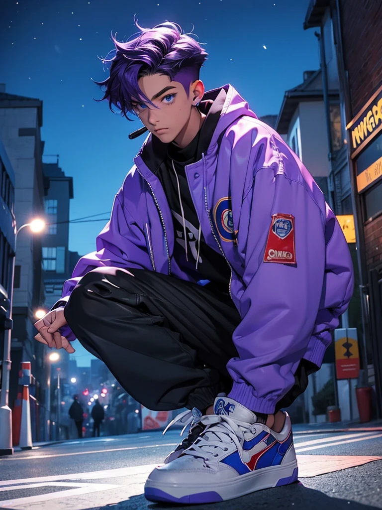  boy, purple hair, blue eyes, muscular,With a royal blue jacket, with a headset, holding a skateboard, his glitter pants, a nighttime atmosphere, with the light.