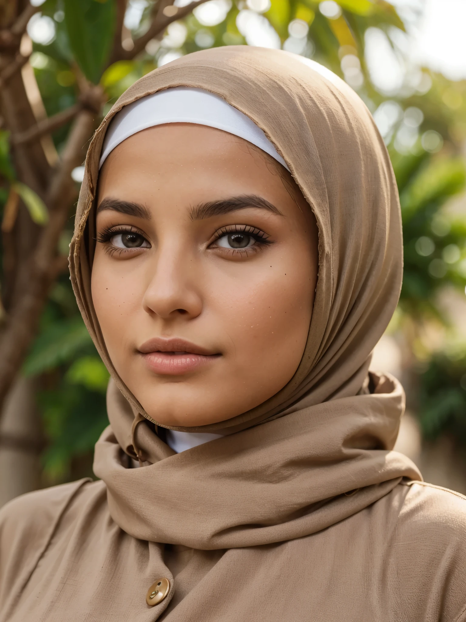 A young tanned brunette woman, de nationalité marocaine. She is a Muslim aged 26. Elle porte un hijab légitime et un long jilbab. Elle a des yeux de forme noisette et de colleurs marron foncé. Sa taille est de 158 cm et son poids est de 65 kg. Son nez est de forme button . She has a mole under her lips on the right and another above her lip on the left. 