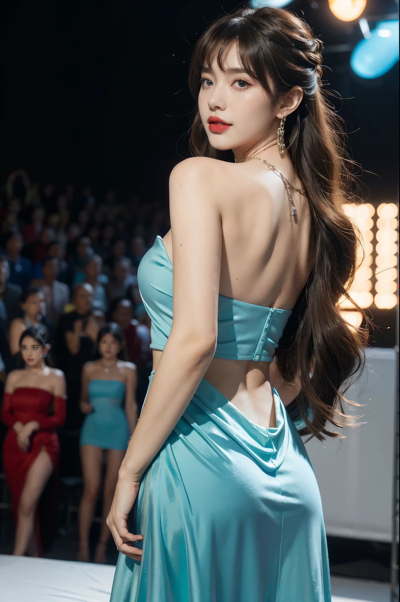 1girl,bangs,bare shoulders,necklace,strapless blue dress,detailed background,detailed eyes,brown hair,earrings,upper body,jewelry,slim,bare back,messy hair,looking at viewer,makeup,night scene,red lips,signature,laughing,solo,standing,On the T-stage,catwalk,fashion show,Surrounded by crowded crowds on both sides of the stage,neon lights,from back,towering hips,butt crack