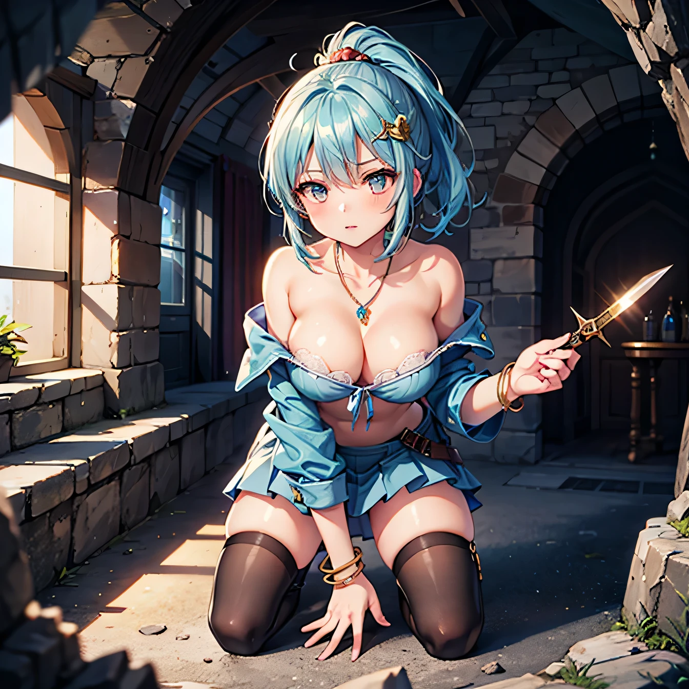 Anime Moe Art Style,Highest quality,High resolution,Anatomically correct,One Girl,Mid-s,A girl with light blue hair in a ponytail,Super detailed,Fantasy World,Off-the-shoulder tops,mini skirt,Big Breasts,Shiny skin,Beautiful Skin,A rich expression,Serious expression,cave,Hide in the shadows and watch the enemy,Kneeling posture,Hold the dagger,Eyes drawn in detail,hair ornaments,necklace,bracelet,8K