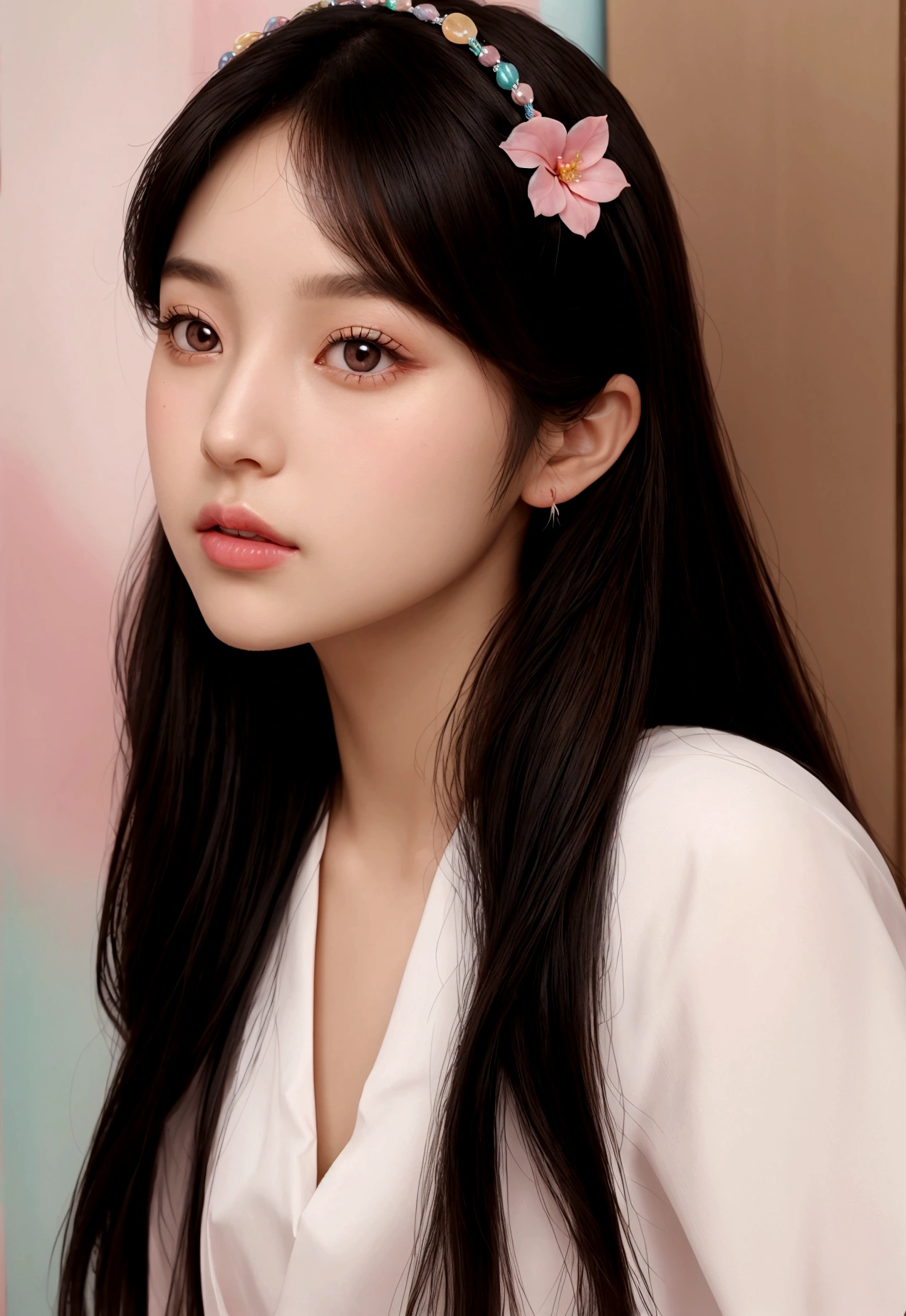 photoactual, Lip Gloss, painting, actual, best quality, Ultra-high resolution, depth, pastel colors, Natural shades, focus on face, Just look at the face, looking at the audience, long hair, hair accessories, black hair, brown and detailed eyes, skirt