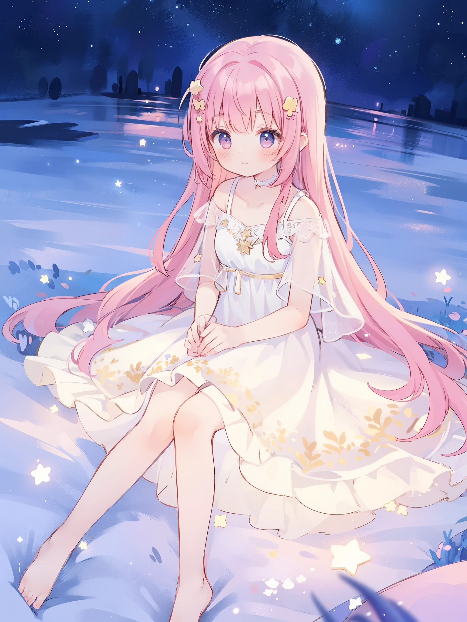 complex background, wishing star background, a woman wearing an ethereal mystical pink translucent dress that reflects the stars, dreamy, peaceful, serene composition, glowing stars, glowing, mystic, complex drawing, highly detailed, ethereal, starry night, midjourney style