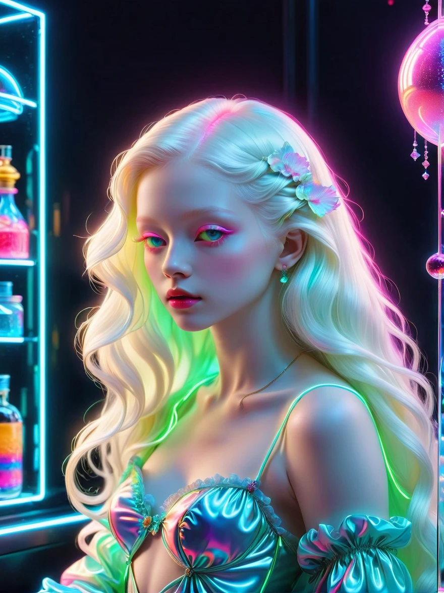 Neon, (发光的Neon玻璃制成的招牌)，透明Neon材质，Gloss，Refraction Details，Albino girl，长须Neon线水母在头上，Long hair doll，(发光Neon线制成的长裙:1.5)，Renaissance，Baroque，Psychedelic，romantic，neon palette, pale color, 1nhdg1