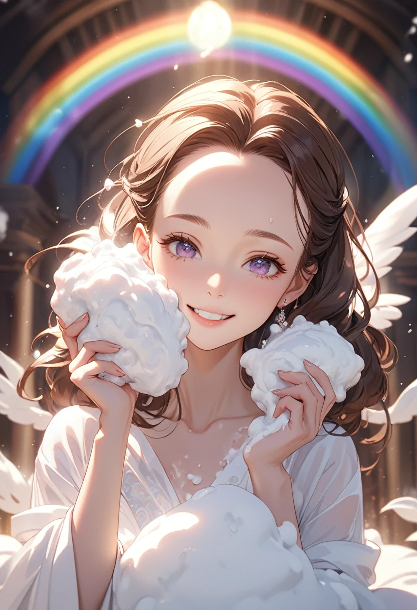 ((masterpiece)), Very detailed,(((ultra detailed face))),best quality, 8k, (柔Light), Light, 1 lady, facing the camera,brown hair, ((forehead)),elegant, Comfortable, Clean and detailed anime art, Trending on artstart, rainbow colors, milky white, illuminate warmly, Soap, (pink and white theme),big smile,sanctuary