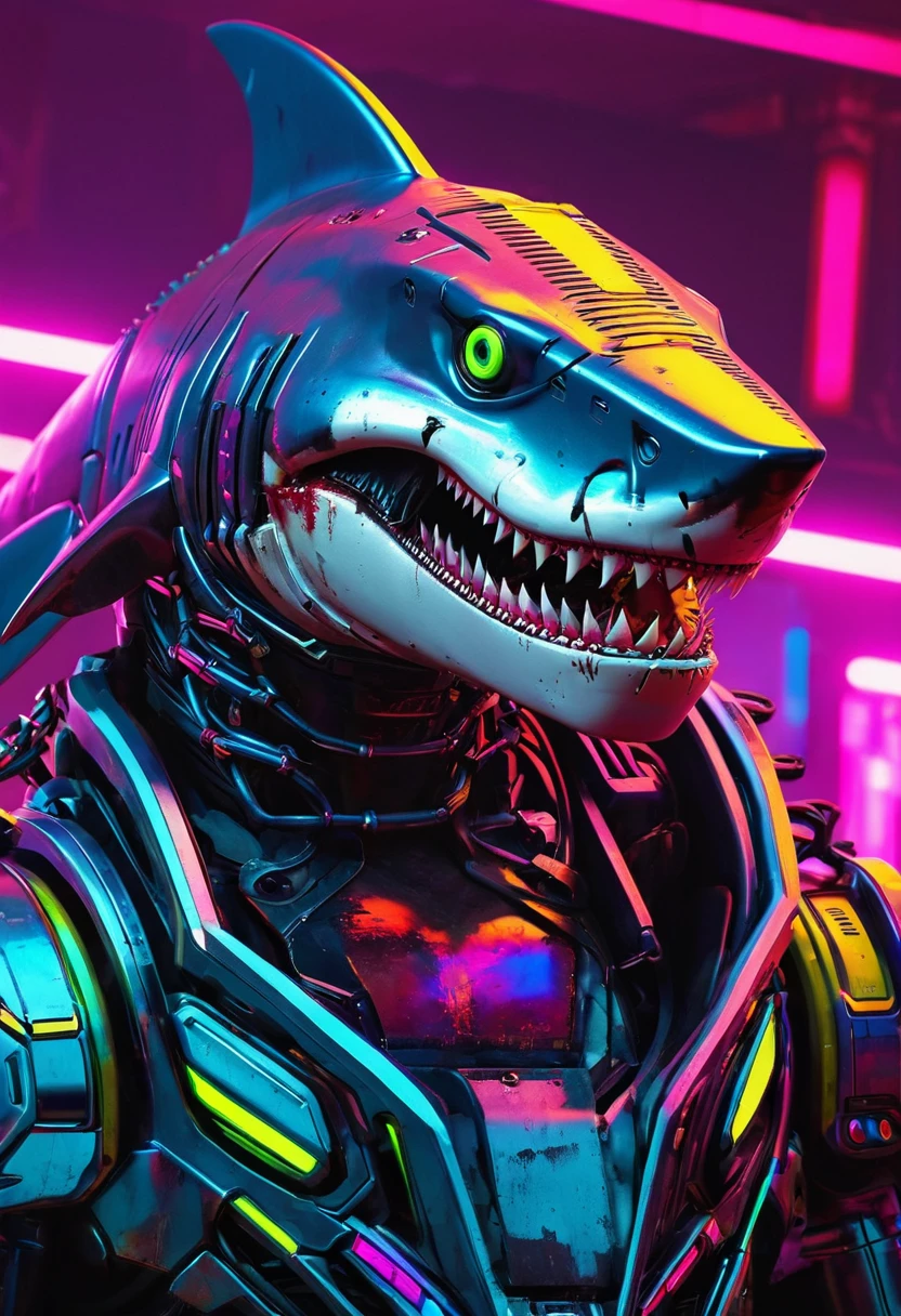 colorido tubarão zombie robot metal big dangerous shark jaws color cyberpunk 2099 blade runner 2049 neon