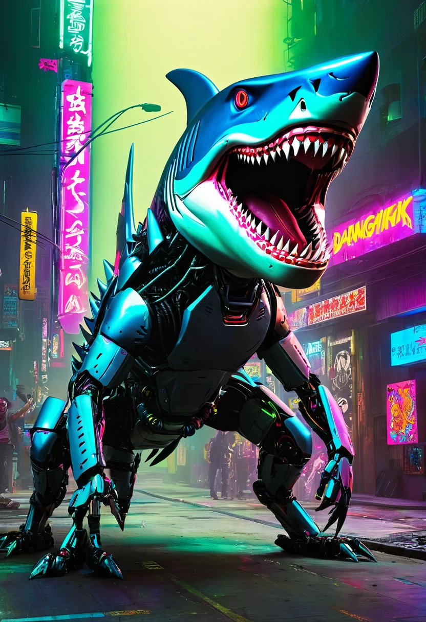 colorido tubarão zombie robot metal  big dangerous shark jaws  color cyberpunk 2099 blade runner 2049 neon