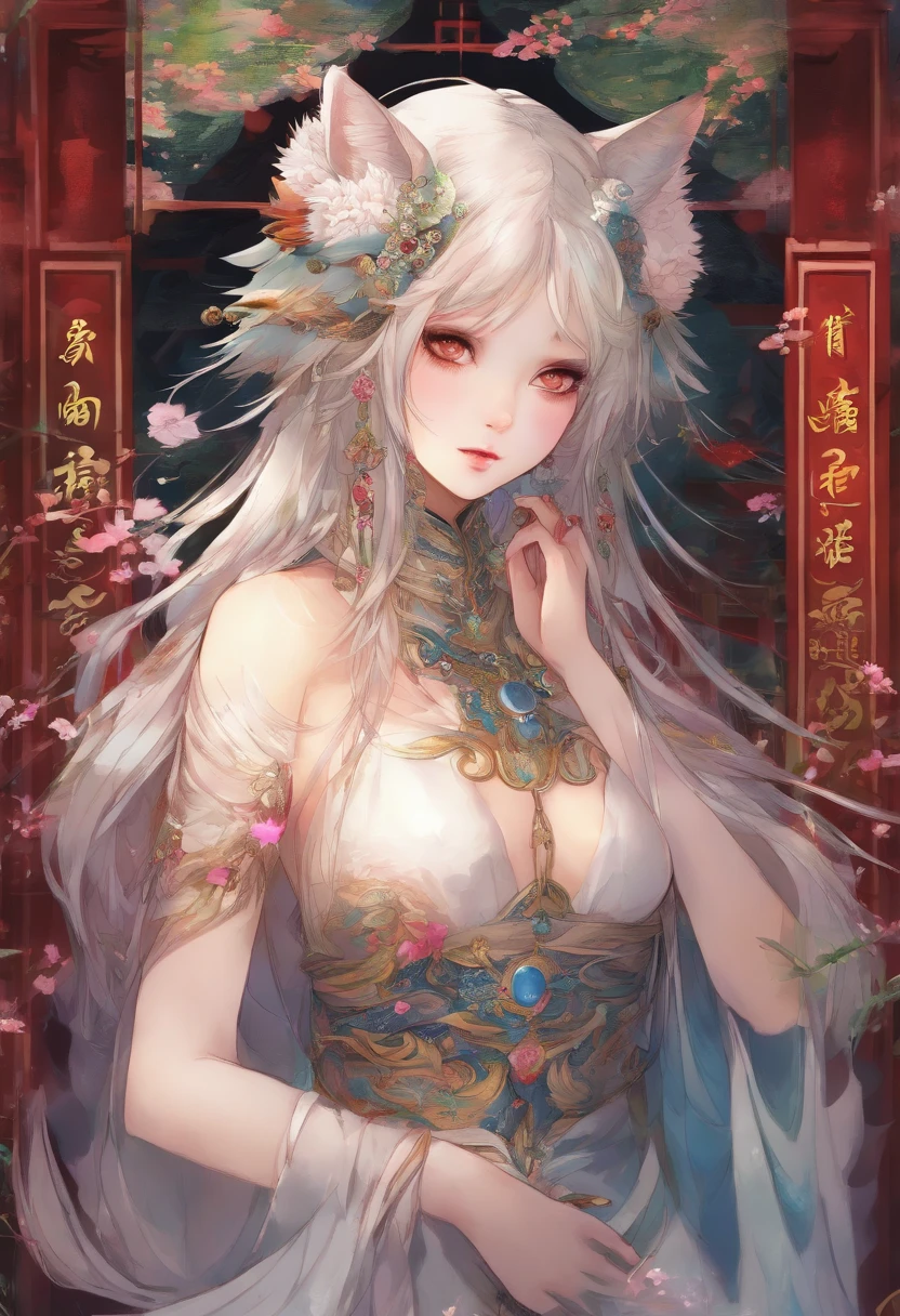 best quality,masterpiece,Ultra-high resolution,(photoactual:1.4),beautiful_Face,Twenty-five--old oriental nine-tailed demon fox woman,bright eyes,cleavage,Long silver hair above the waist,Wearing Ming Dynasty clothes(Bright 1：0）,On the antique wooden bridge,Oil paper umbrella in hand,walking room,