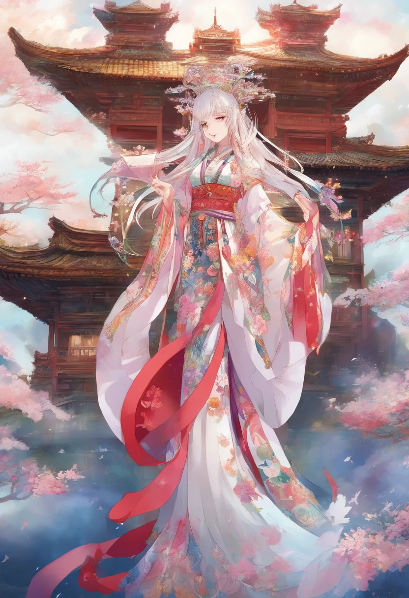 best quality,masterpiece,Ultra-high resolution,(photoactual:1.4),beautiful_Face,Twenty-five-year-old oriental nine-tailed demon fox woman,bright eyes,cleavage,Long silver hair above the waist,Wearing Ming Dynasty clothes(Bright 1:0),On the antique wooden bridge,Oil paper umbrella in hand,walking room,