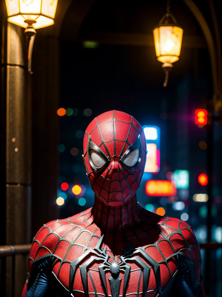 gloomy portrait of Bloody Spider-Man from Marvel with intricate angular cybernetic implants inside a brutalist building, gothic brutalist cathedral, cyberpunk, award-winning photo, bokeh, neon lights, cybernetic limb