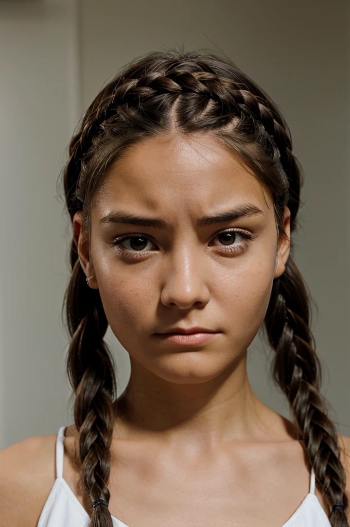 Make a photo of a woman with a sad facial expression, with her hair braided in two left and right braids