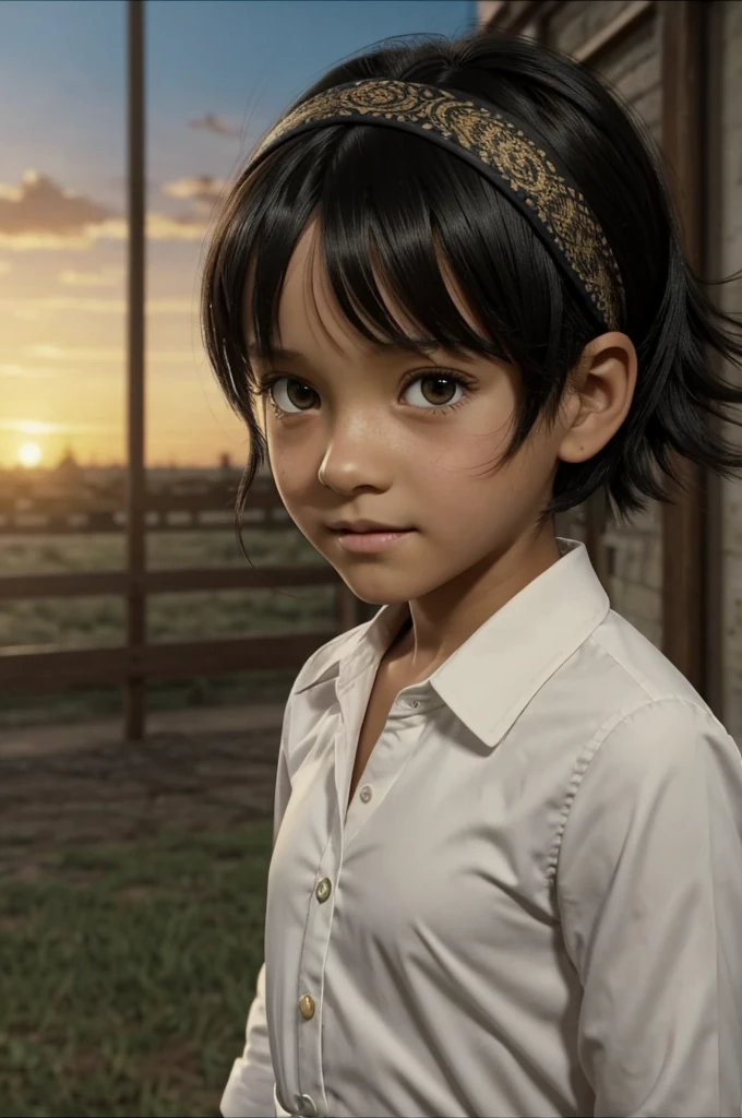 Screenshot of the promised neverland in 2D image of an -yeld giwith straight, waist-length black hair with bangs and brown eyes with a headband adorning her head and with the numbers 36194 on the left side of her neck