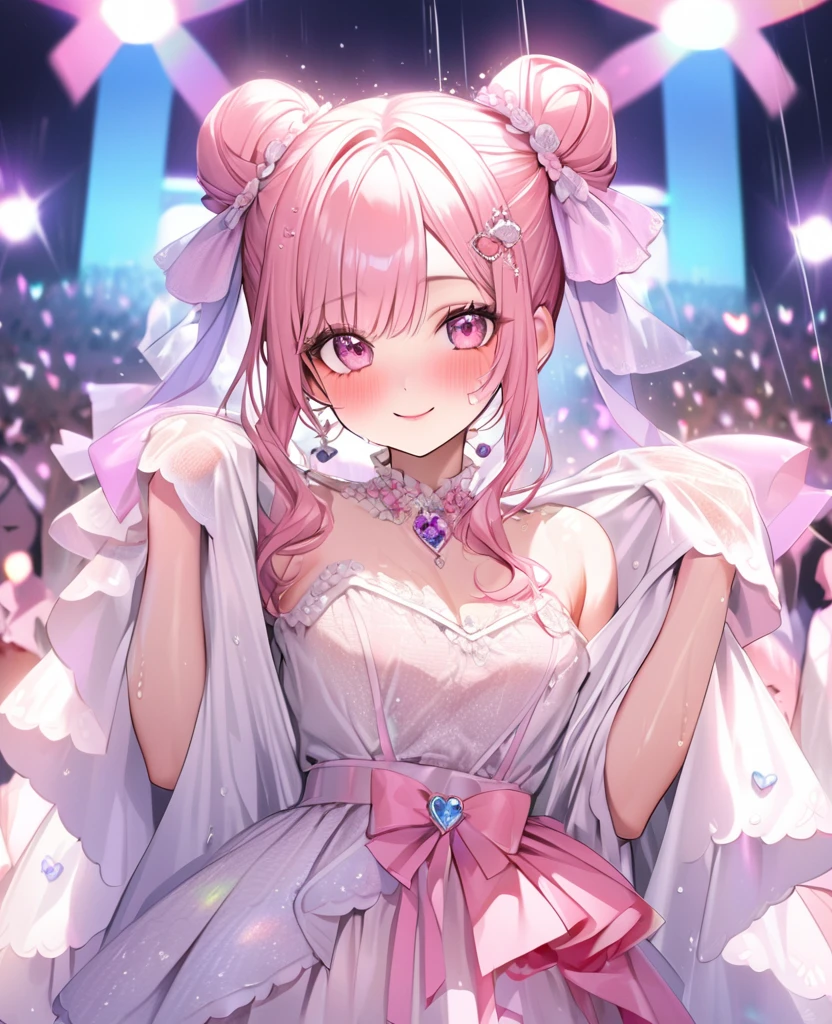 One Girl、Looking at the audience、lovely, Beautiful pink eyes、Two brown double hair buns , Mole under the eye、Plump and glossy lips、Heart-shaped choca、Idol、Her name is May, smile、ー、。.。.。.。.。.。.。.。.。.。.。.。.。.。.。.。.。.。.3D、Realistic、 The idol's costume was soaked in the heavy rain, and her chest was wet and transparent.Heavy rain at outdoor concert, Drape clothes、gem、The decoration has been removed、Floral、Lace trim,On a glittering stage、 masterpiece、highest quality、8k、Detailed skin texture、Detailed cloth texture、Beautifully detailed face、Intricate details、Very detailed、 超A high resolution、8k Ultra HD、Film Grain、Best Shadow、delicate、Gazing at the audience、front