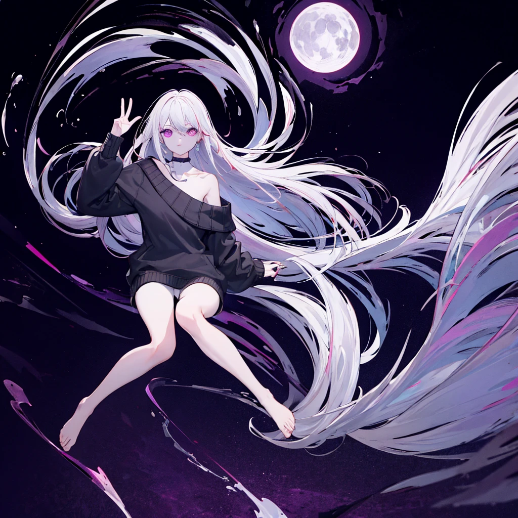 ((Best quality)), ((masterpiece)), (detailed), 1 girl, short off-shoulder sweater, attractive girl, slender legs, Violet eyes, albino, night time, white-haired, full length, streamit shooter,