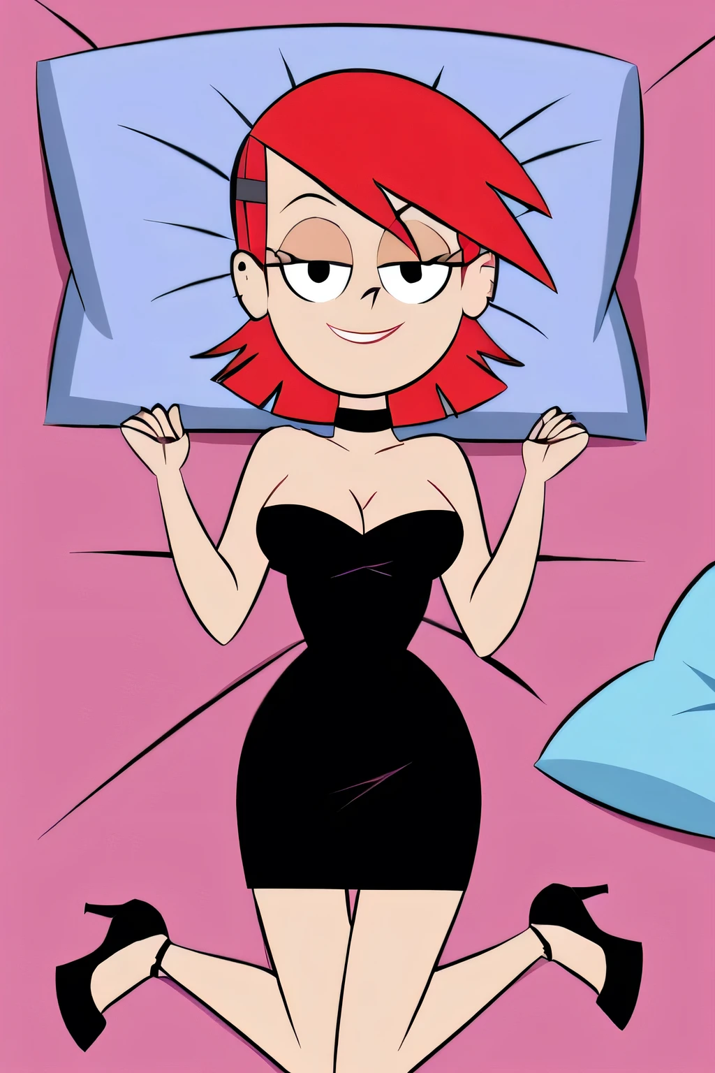 FrankieFoster, red medium hair, red bob hair cut, black eyes, solo, strapless black dress, smug, chocker, beautiful, cleavage, blue pillow, black chocker, seductive smile, looking at viewers, black high heels, lounging on a pink satin sheet-covered bed