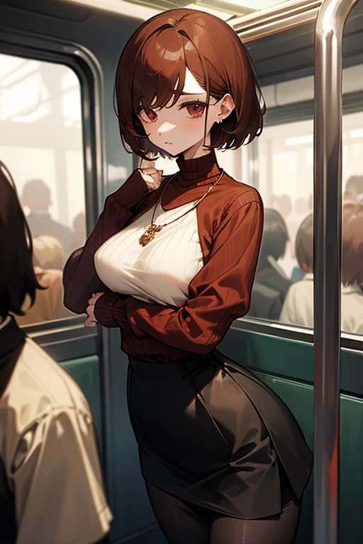 Reddish brown short length hair、Black high neck waffle knit top、Flared sleeves、Tight Skirt、Black Stockings、necklace、tits、slender、In a crowded train、Messed up