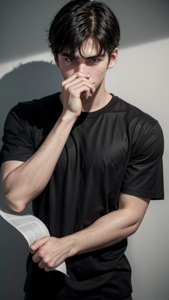 25-year-old man wearing a black t-shirt, sosteniendo su INE junto con una hoja de papel cerca de su cara