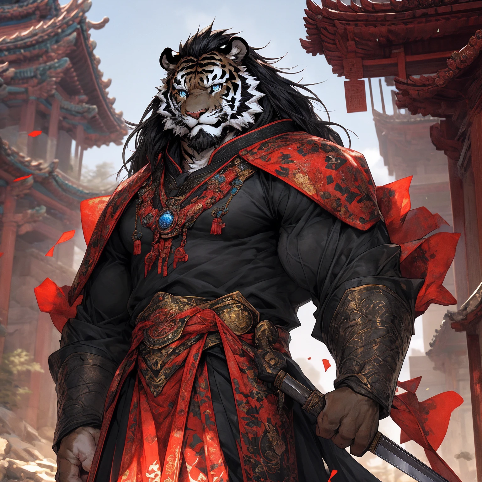 (黑色tiger),(黑色General战袍),Holding a spear,Powerful gesture,Stand confidently and proudly,(边塞Great Wall与沙漠戈壁为背景:1.2.Great Wall),abdominal muscles,Heroic Stance飒爽,完美的masterpiece,Various facial details,Long-term perspective,specific description,masterpiece,CG,(Light blue eyes),Light black pattern,Black tail,General,Heroic Stance,tiger,Red fur,Specific facial details,Half Body,(炎火General战履),(Chang Ling),((middle aged)),(Face Focus),(16K),HD,Red and white belly,temple,beard,(Face line),Different students,(Black shirt),(Light black hair),Strong,muscle,(high resolution:1.3),Chinese style general holding a long sword，Looking into the distance