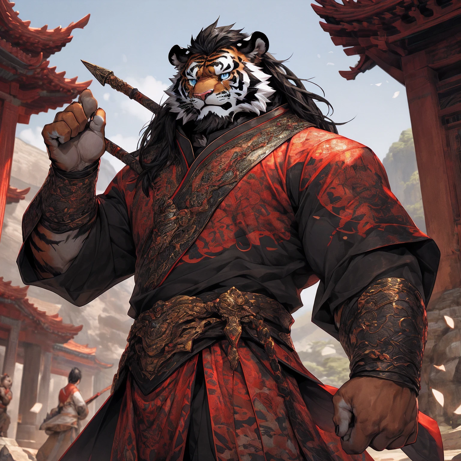 (黑色tiger),(黑色General战袍),Holding a spear,Powerful gesture,Stand confidently and proudly,(边塞Great Wall与沙漠戈壁为背景:1.2.Great Wall),abdominal muscles,Heroic Stance飒爽,完美的masterpiece,Various facial details,Long-term perspective,specific description,masterpiece,CG,(Light blue eyes),Light black pattern,Black tail,General,Heroic Stance,tiger,Red fur,Specific facial details,Half Body,(炎火General战履),(Chang Ling),((middle aged)),(Face Focus),(16K),HD,Red and white belly,temple,beard,(Face line),Different students,(Black shirt),(Light black hair),Strong,muscle,(high resolution:1.3),Chinese style general holding a long sword，Looking into the distance