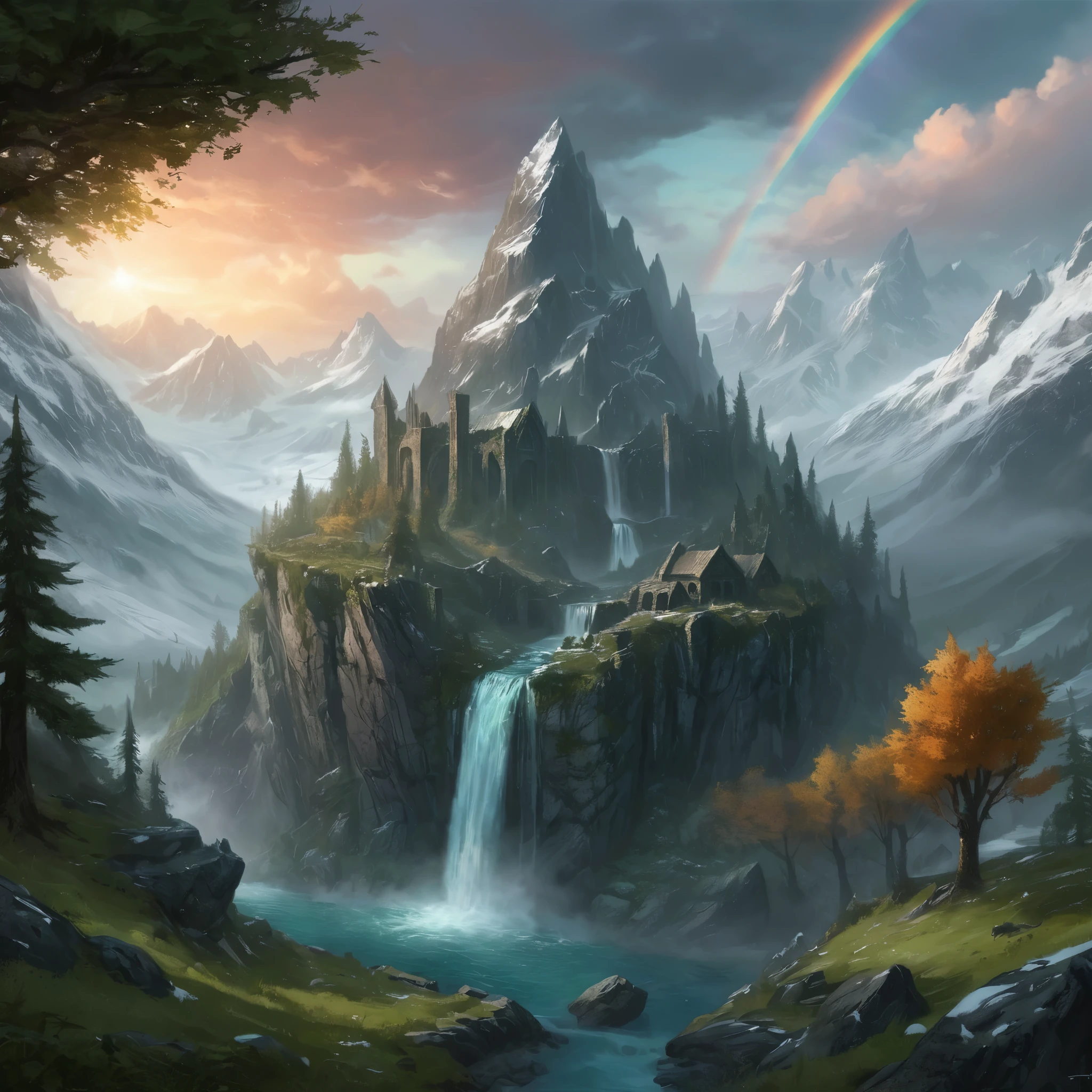 Create an absolutely stunning Skyrim landscape. Imagine a vast, snow-covered mountain range with jagged peaks reaching into the sky. A mighty dragon soars above, its wings casting a shadow over the land. In the foreground, a lush, verdant forest teems with life, and a crystal-clear river winds its way through the trees, reflecting the brilliant colors of the sunset. Ancient ruins, partially covered in ivy and snow, stand as silent guardians of the past, their stone walls etched with mystical runes that glow faintly in the twilight. A majestic waterfall cascades down from one of the cliffs, creating a mist that catches the light and forms a rainbow. The scene is both serene and awe-inspiring, with a sense of adventure and mystery that invites the viewer to explore every hidden corner of this fantastical world. The colors should be rich and vivid, with a perfect balance of light and shadow to highlight the natural beauty and magical atmosphere of Skyrim.