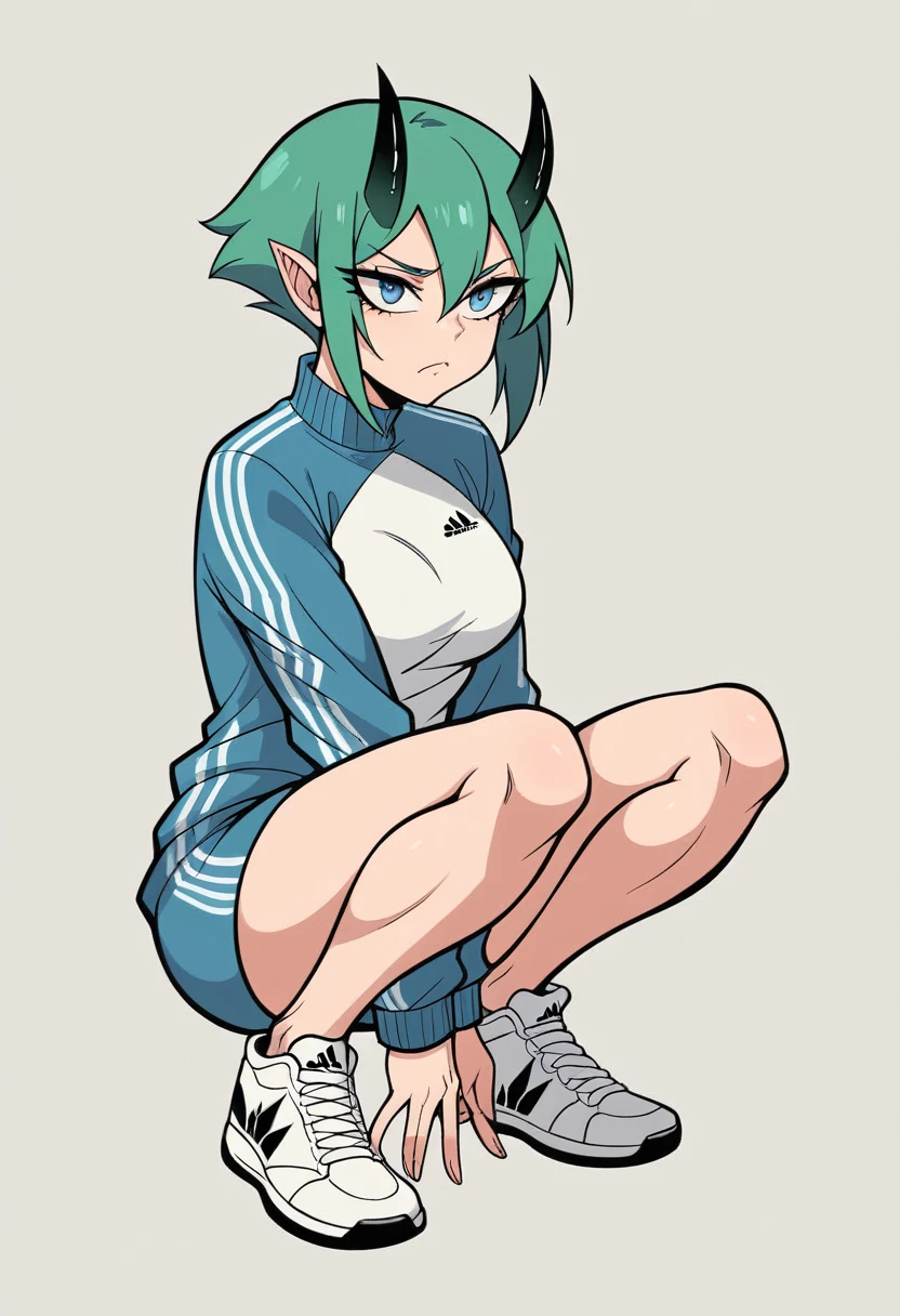 lum, solo, breasts, blue eyes, medium breasts, green hair, makeup, horns, white gradient background (girl Whole body :1.3), squatting legs, (beautiful detailed light blue eyes), the anatomy is correct, anatomically correct fingers, (Adidas Clothing), frown, fume, jitome, best quality, (masterpiece), (high quality), 16k, super detail, jhyd style, (ultra-detailed), (high resolution),