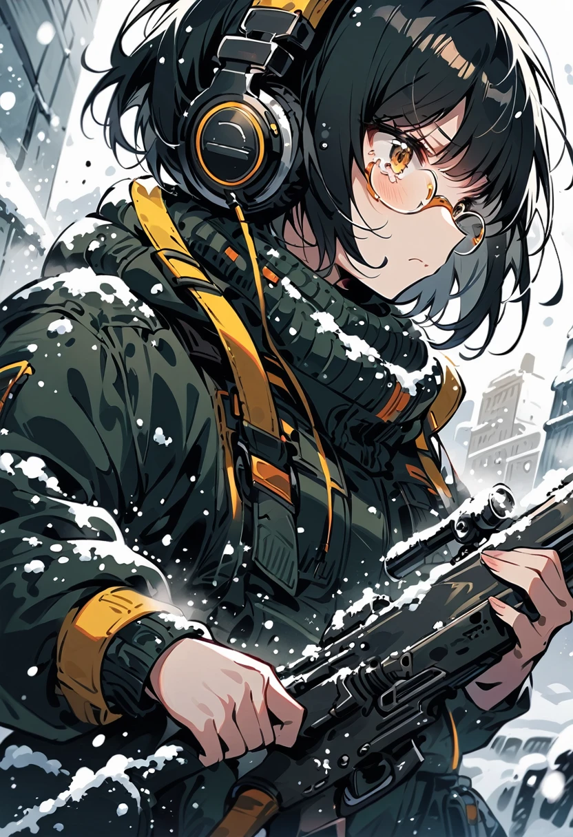 (extremely detailed fine touch:1.3), kawaii girl, (super very black short hair:1.3), (yellow glasses:1.3), underrim_metal, headphones, holding a rifle, falling snow, tearful, serious atmosphere, (snow:1.3)