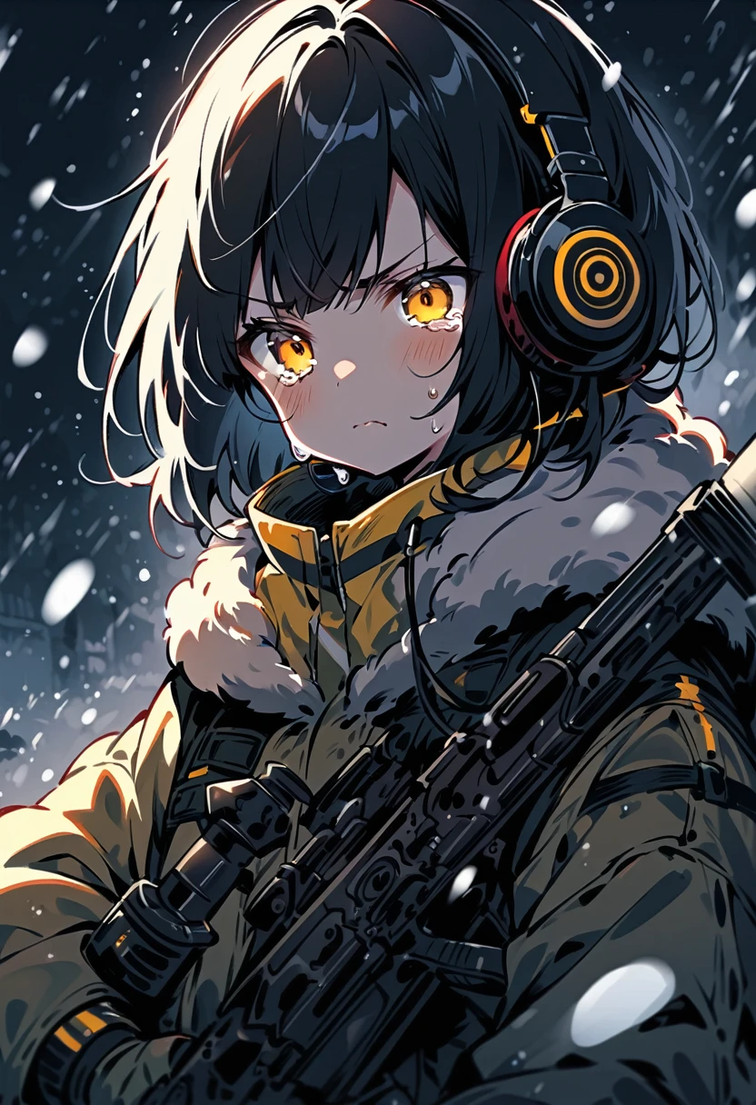(extremely detailed fine touch:1.3), kawaii girl, (super very black short hair:1.3), (yellow glasses:1.3), underrim_metal, headphones, holding a rifle, falling snow, tearful, serious atmosphere, (snow:1.3)