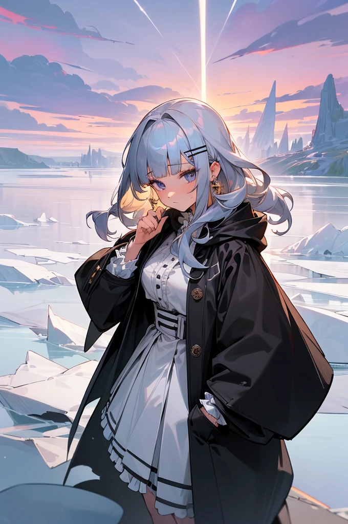 ((((frills,large black hoodie,))))((hands in pockets,))(Masterpiece illustration,Beautiful and aesthetic:1.2,head up,aim to sky), Best quality,Top quality, Epic quality,((((nature,on the iced lake,on a ice shield ,outdoor,cloudy,iceland,))))(beautiful purple sunset,moonlight,moon glare, god light, from above:1.3,))Neat face,,mature,Beautiful detailed hair,white hair,hyper HD, retinas, Textured skin, A high resolution, 16k ,((hairclip,blunt bangs,sidelocks,middle hair,natural curly hair)),Detailed face, 1JK, lady,Solo, Perfect face, Very amazing girl,((covered by thin translucent cloth,skindentation,high waist skirt,black hybrid white coat,large cloak,metal earrings,spiral earrings)),rim-light