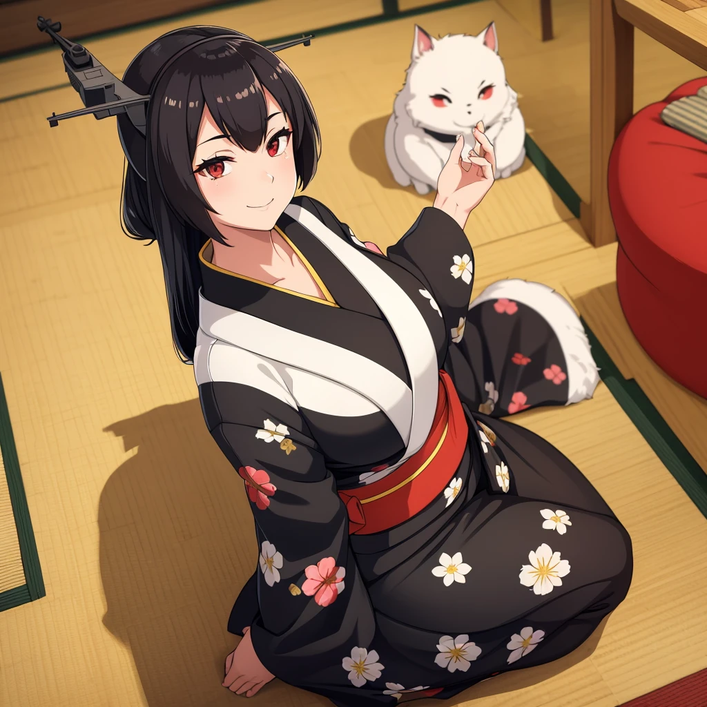 A woman wearing a black yukata with yellow details, long white fur cape, long black hair, red eyes, smiling, big breasts, walking on the floor of a traditional Japanese house, (kancolle;ijn nagat), perfect face, perfect eyes , traditional Japanese aesthetics. 8K HD. (solo woman),flower, UHD, masterpiece, accurate, anatomically correct, textured skin, super detail, high quality, best quality, 8k, high resolution, bokeh effect.
