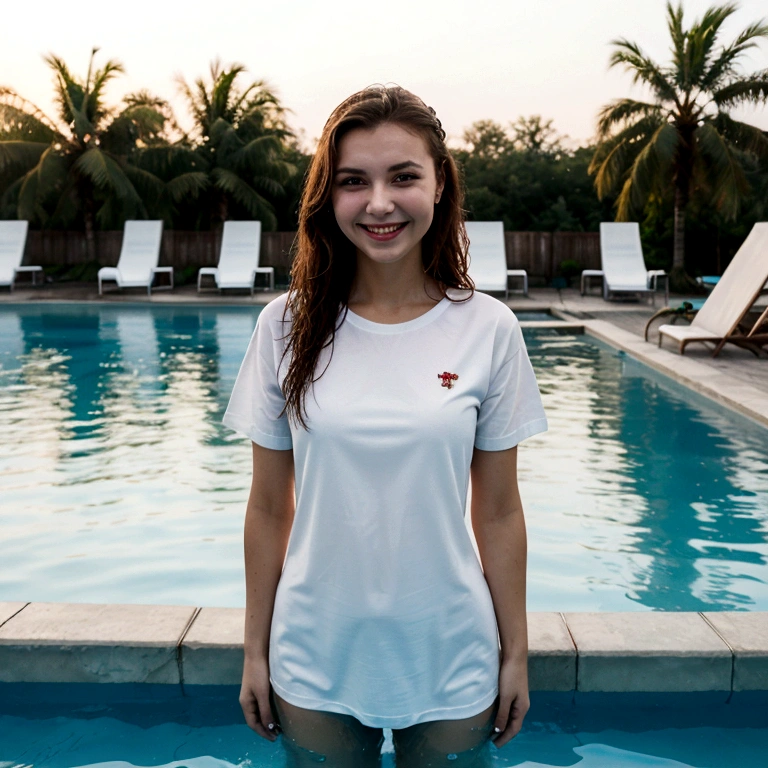 a smiling Russian woman wearing a white t-shirt standing in the pool. With the water level at knee height. In the background, a water park setting