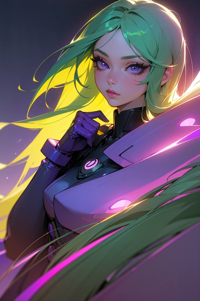 ((best quality,ultra-detailed,realistic)),HDR,UHD,studio lighting,1girl,professional,vivid colors,bokeh,portrait,green hair,light green hair,beautiful detailed purple eyes,very long hair,pale skin,curvaceous,concrete,shadow,dark atmosphere, black aviator outfit with purple led lights,pretty, delicate features, long lashes, big lips, beautiful, straight hair, long lashes, big lips, beautiful, straight hair, purple led lights, ((magic backgound)), magical suit, ((aviator suit)), (((detailed face))), (((detailed eyes)))
