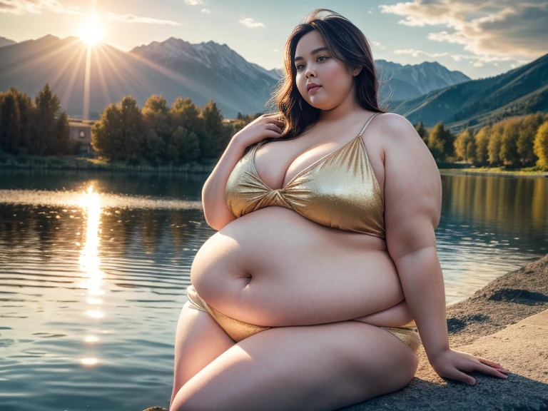 Rule_of_thirds, 1 girl, (extremely obese):1.7, (obese belly):2, (obese legs), fat rolls, SSBBW Adeline body, Serene expression, mesmerizing eyes, gorgeous supermodel face, flowing dress, porcelain skin, subtle blush, crystal pendant
BREAK
golden hour, (rim lighting):1.2, warm tones, sun flare, soft shadows, vibrant colors, painterly effect, dreamy atmosphere
BREAK
scenic lake, distant mountains, willow tree, calm water, reflection, sunlit clouds, peaceful ambiance, idyllic sunset, ultra detailed, official art, unity 8k wallpaper
