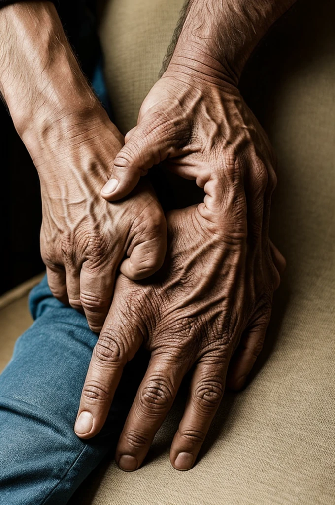 A 25-year-old man holds the hand of his 70-year-old father.