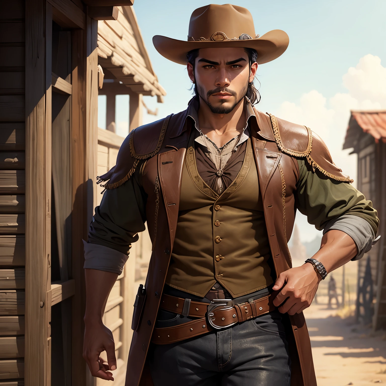 young latin man with old west themed cold clothes, a tired look, man, old west npc rpg