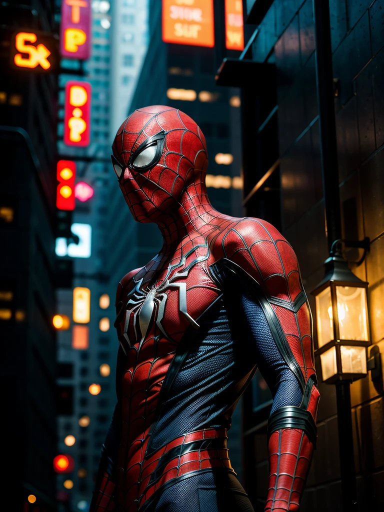 gloomy portrait of Bloody Spider-Man from Marvel with intricate angular cybernetic implants inside a brutalist building, gothic brutalist cathedral, cyberpunk, award-winning photo, bokeh, neon lights, cybernetic limb