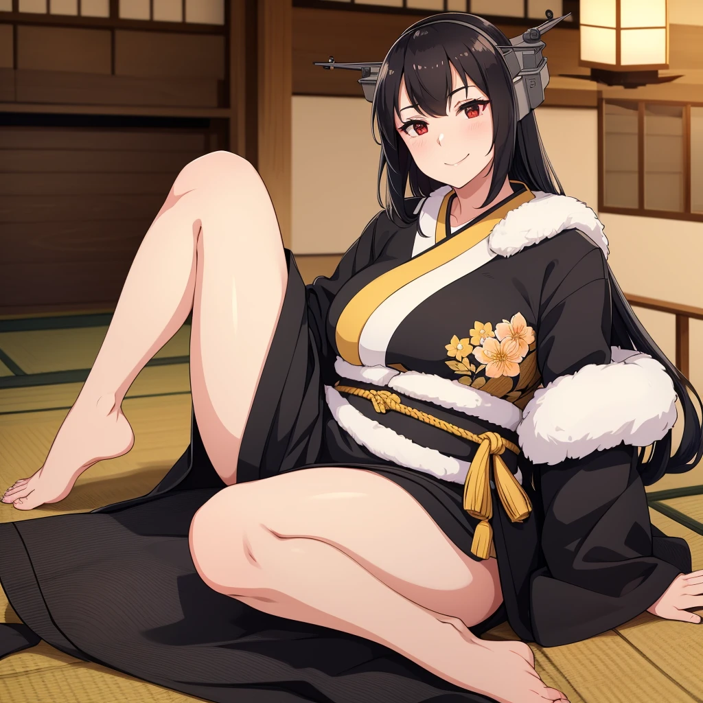 A woman wearing a black yukata with yellow details, long white fur cape, long black hair, red eyes, smiling, big breasts, walking on the floor of a traditional Japanese house, (kancolle;ijn nagat), perfect face, perfect eyes , traditional Japanese aesthetics, full body, 8K HD. (solo woman),flower, UHD, masterpiece, accurate, anatomically correct, textured skin, super detail, high quality, best quality, 8k, high resolution, bokeh effect.
