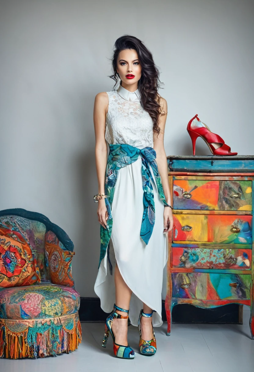 Beautiful woman, unique artsy style, full length, real , accessory, shoes