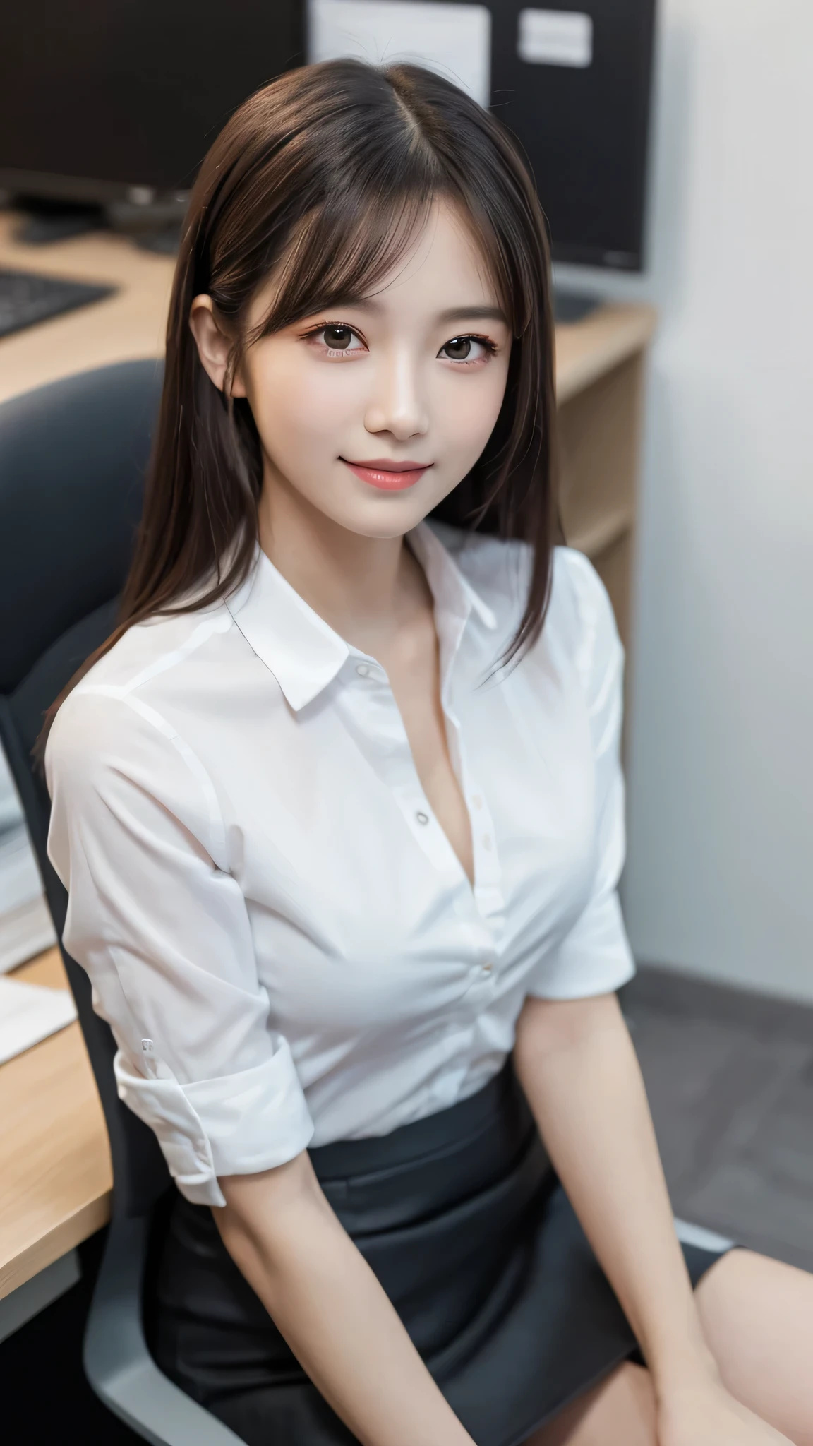 (1young girl), kawaii face, (round eyes:1.2), (highly detailed face), smile, Amazing face and eyes, (flat chest), (Best Quality:1.4), (Ultra-detailed), (extremely detailed CG unified 8k wallpaper), Highly detailed, High-definition raw color photos, Professional Photography, Realistic portrait, Amazing face and eyes, Pink eyes, indoors, office, (office lady, Tight Skirt:1.3), (A moment of relaxation), model, depth of fields, (fine face:1.2),