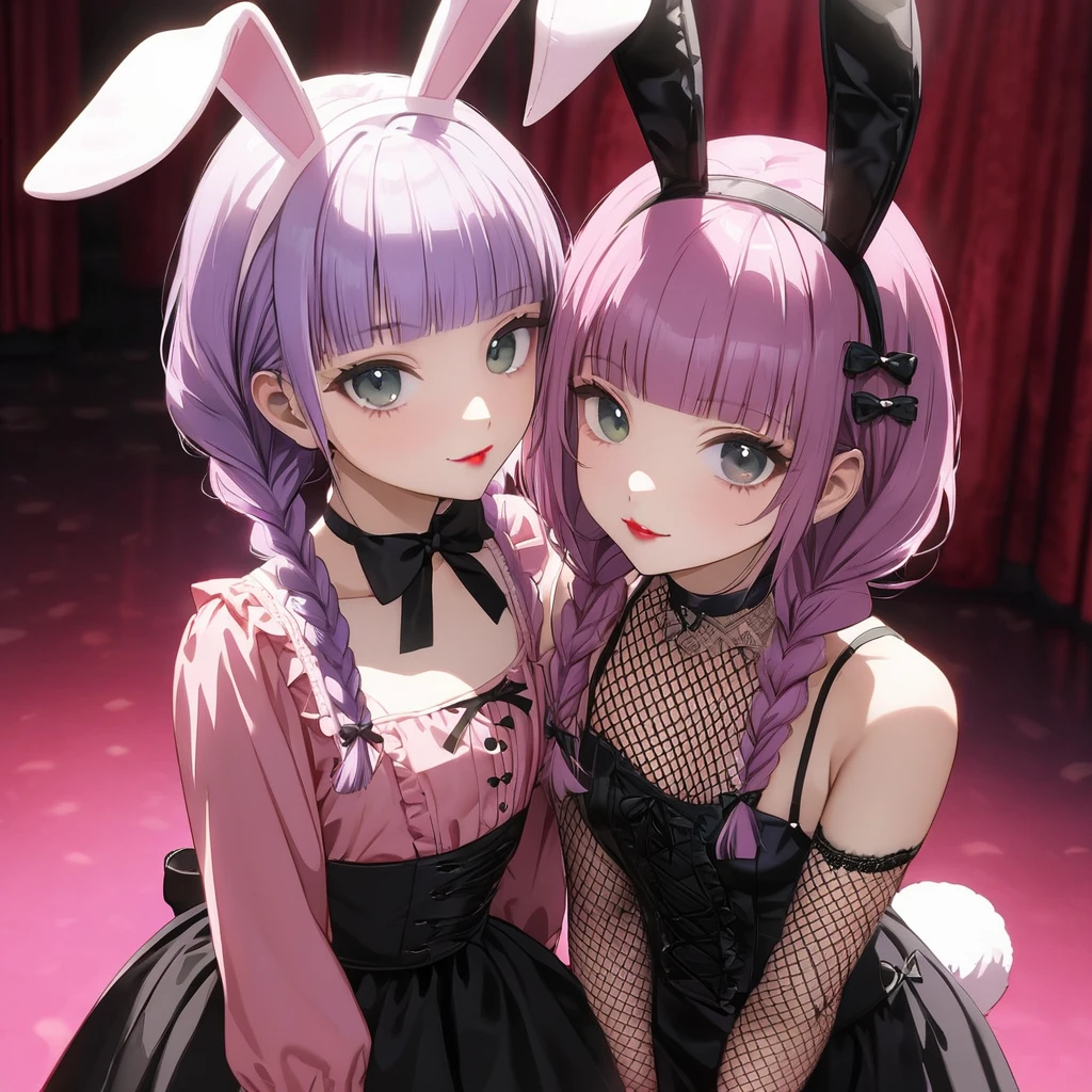 (kissig 2girls:1.5), (one girl with closs hair pin,pale purple hair,wavy two braids,blunt bangs hair,green and black eyes,
pink shirt,cosplay, jirai kei, bangs, black skirt, black bow, looking at viewer, bow, long sleeves, choker, ribbon,pink lips, :1.4),(other girl with pale purple hair,wavy two braids,blunt bangs hair,green and black eyes, red lips,Black bunny girl costume, red high heels,High leg, fishnet stockings, white bunny tail, black bunny ears, front view:1.4 ), (masterpiece:1.3), anime visual, (Lovey-dovey:1.5), (tilt head:1.3), extremely delicate face, soft clean focus, realistic lighting and shading, (an extremely delicate and beautiful art:1.3), elegant, (muted colors:1.1), small breast,slim,The Moulin Rouge in Paris, mysterious pink light, a slightly dark room,look at viewer,smiling,night lit,