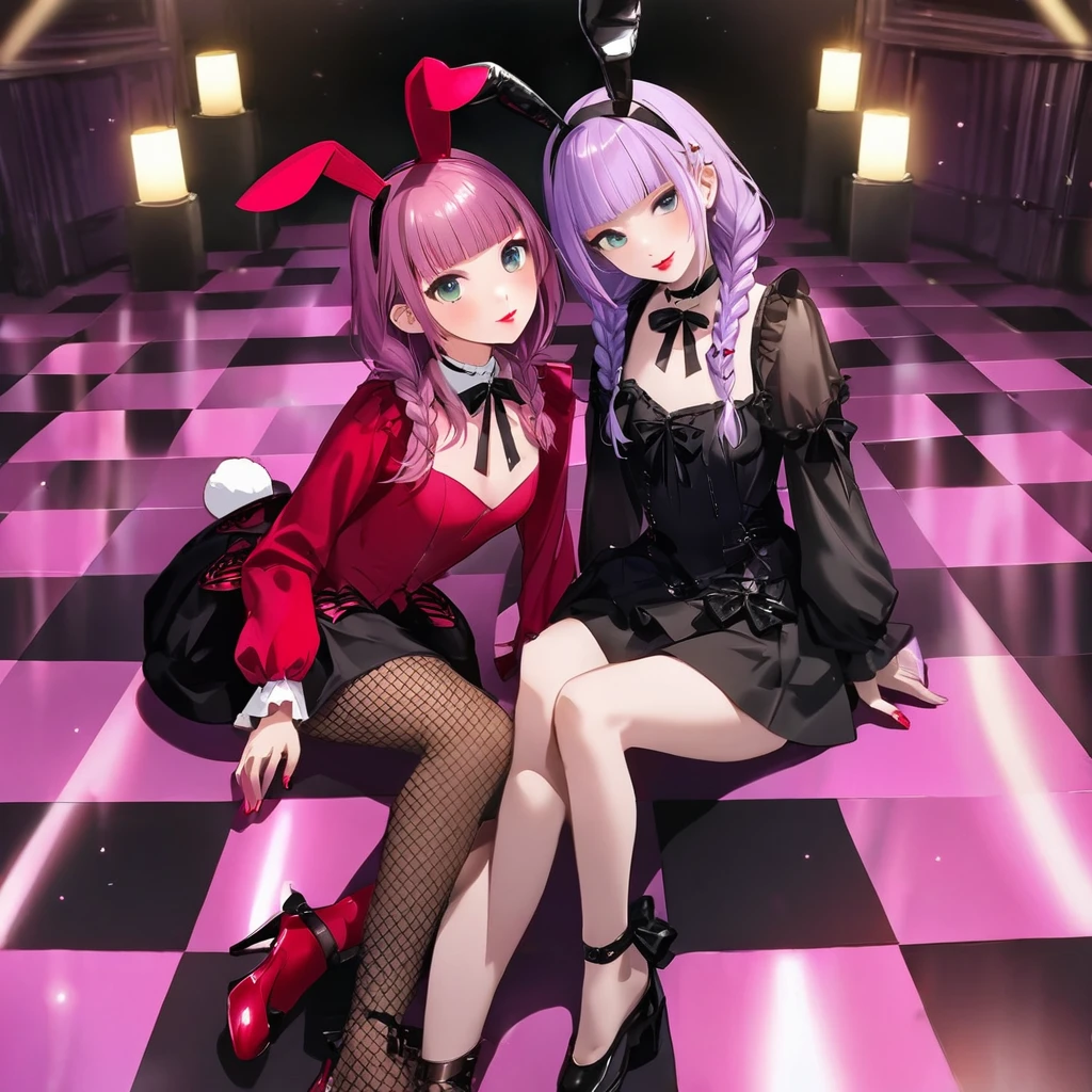 (kissig 2girls:1.5), (one girl with closs hair pin,pale purple hair,wavy two braids,blunt bangs hair,green and black eyes,
pink shirt,cosplay, jirai kei, bangs, black skirt, black bow, looking at viewer, bow, long sleeves, choker, ribbon,pink lips, :1.4),(other girl with pale purple hair,wavy two braids,blunt bangs hair,green and black eyes, red lips,Black bunny girl costume, red high heels,High leg, fishnet stockings, white bunny tail, black bunny ears, front view:1.4 ), (masterpiece:1.3), anime visual, (Lovey-dovey:1.5), (tilt head:1.3), extremely delicate face, soft clean focus, realistic lighting and shading, (an extremely delicate and beautiful art:1.3), elegant, (muted colors:1.1), small breast,slim,The Moulin Rouge in Paris, mysterious pink light, a slightly dark room,look at viewer,smiling,night lit,