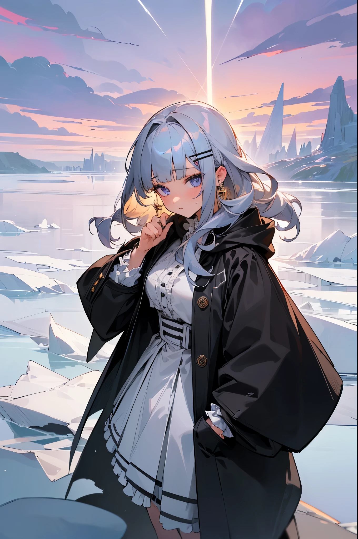 ((((frills,large black hoodie,))))((hands in pockets,))(Masterpiece illustration,Beautiful and aesthetic:1.2,head up,aim to sky), Best quality,Top quality, Epic quality,((((nature,on the iced lake,on a ice shield ,outdoor,cloudy,iceland,))))(beautiful purple sunset,moonlight,moon glare, god light, from above:1.3,))Neat face,,mature,Beautiful detailed hair,white hair,hyper HD, retinas, Textured skin, A high resolution, 16k ,((hairclip,blunt bangs,sidelocks,middle hair,natural curly hair)),Detailed face, 1JK, lady,Solo, Perfect face, Very amazing girl,((covered by thin translucent cloth,skindentation,high waist skirt,black hybrid white coat,large cloak,metal earrings,spiral earrings)),rim-light