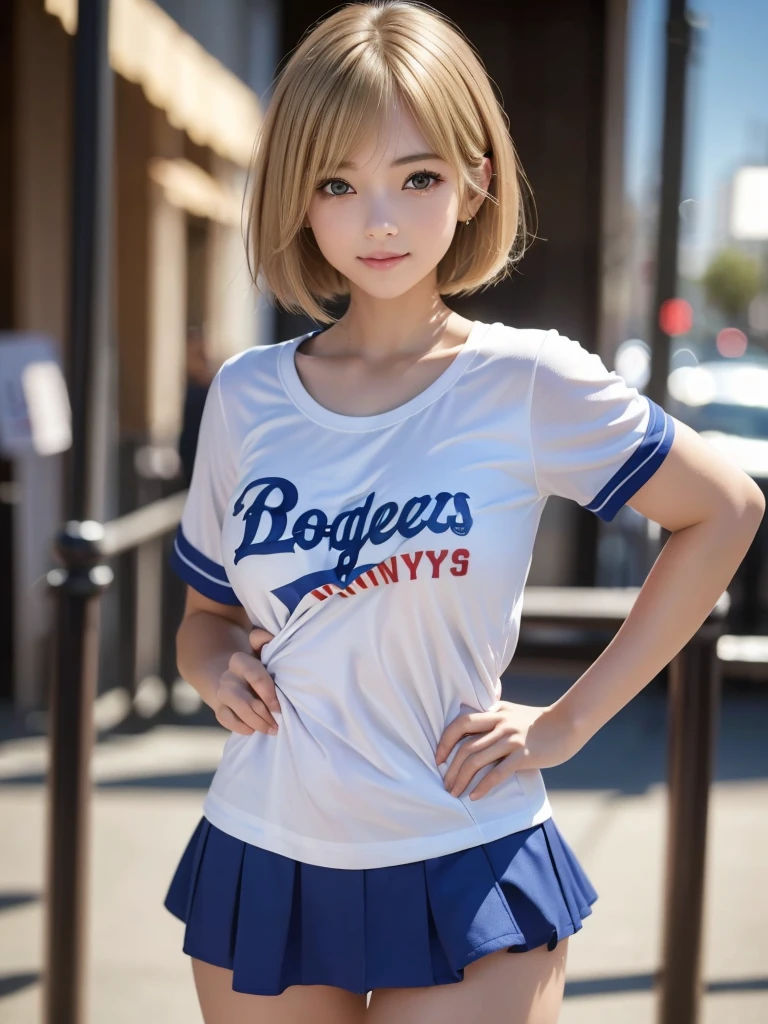 (8k, RAW Photos, Highest quality, masterpiece:1.2), (Realistic, photo-Realistic:1.4), (Highly detailed 8K wallpapers), ((Full Body Shot)), (1 girl), Sharp focus, Depth of written boundary, Cinematic lighting, Soft Light, 緻密な美しさのeye, eye_Chan, Very beautiful 17 year old girl, innocent big eyes, Realistic, photo Realistic, Highly detailed cute girl, (Thin thighs), (Model Body Type), (((Los Angeles Dodgers T-shirt))), ((Micro Mini Tight Skirt)), (((Fold your arms in front of your chest and act arrogantly))), ((A happy smile)), Parted lips, Watching the audience, (On the streets of Los Angeles) , (Blonde),(Short Bob Hair), (Asymmetrical bangs)