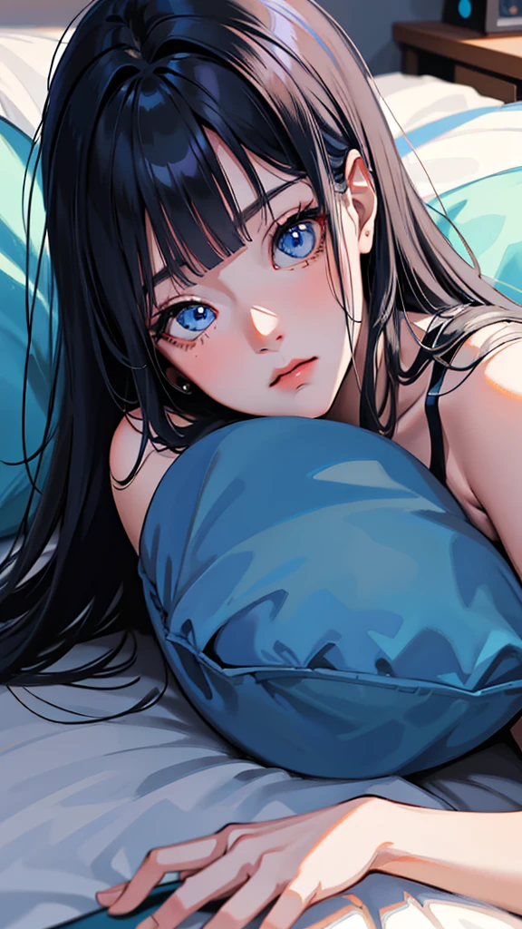 Anime shoujo，Black medium long hair, A blue gradient behind the hair，With bangs，blue color eyes,Sleep on your stomach on your table，Sleeping position，a beautiful anime portrait, style of anime4 K, Stunning anime face portrait, Detailed digital anime art, Anime art wallpaper 8 K, Beautiful anime face, Anime style. 8K, anime visual of a cute girl, Anime art wallpaper 4k, Anime art wallpaper 4 K, blue shining eyes，A half body，Lie on the pillow，holding cell phone