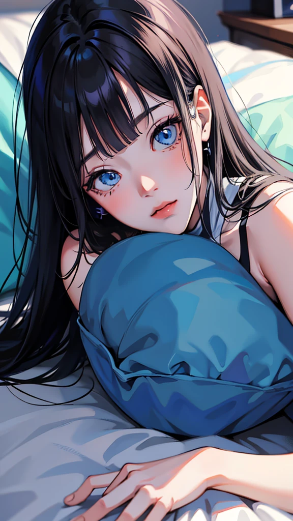 Anime shoujo,Black medium long hair, A blue gradient behind the hair,With bangs,blue color eyes,Sleep on your stomach on your table,Sleeping position,a beautiful anime portrait, style of anime4 K, Stunning anime face portrait, Detailed digital anime art, Anime art wallpaper 8 K, Beautiful anime face, Anime style. 8K, anime visual of a cute girl, Anime art wallpaper 4k, Anime art wallpaper 4 K, blue shining eyes,A half body,Lie on the pillow,holding cell phone