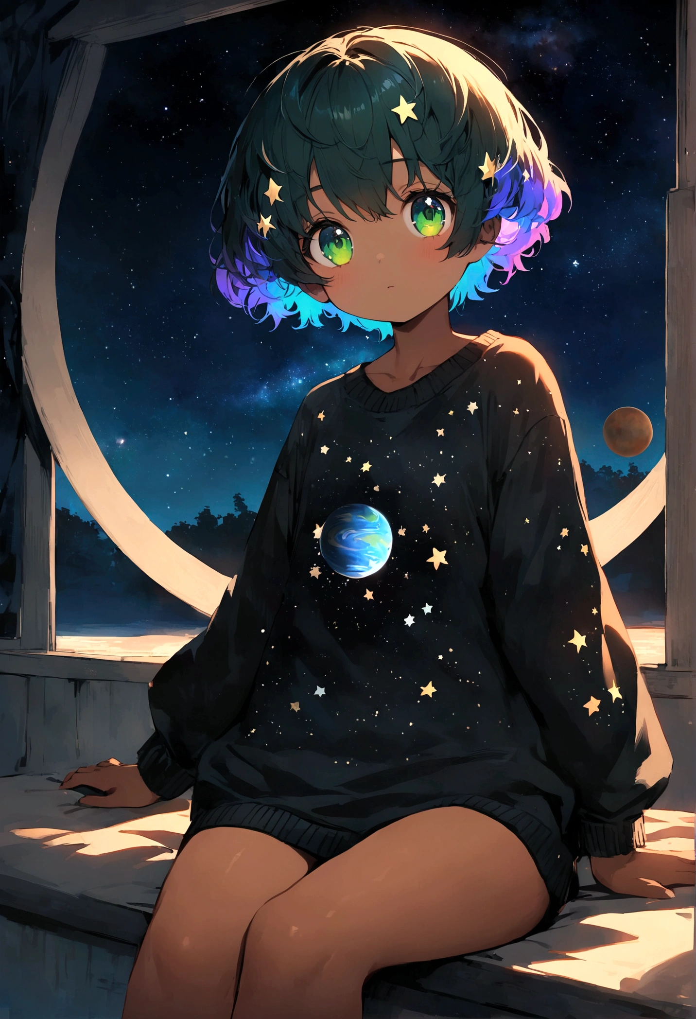 Sky, it's night, the night is full of stars, there are planets in the sky, bright colors, Focus on the background, Loli, short hair, galaxy hair, green eyes, tanned, black sweater, bare legs,