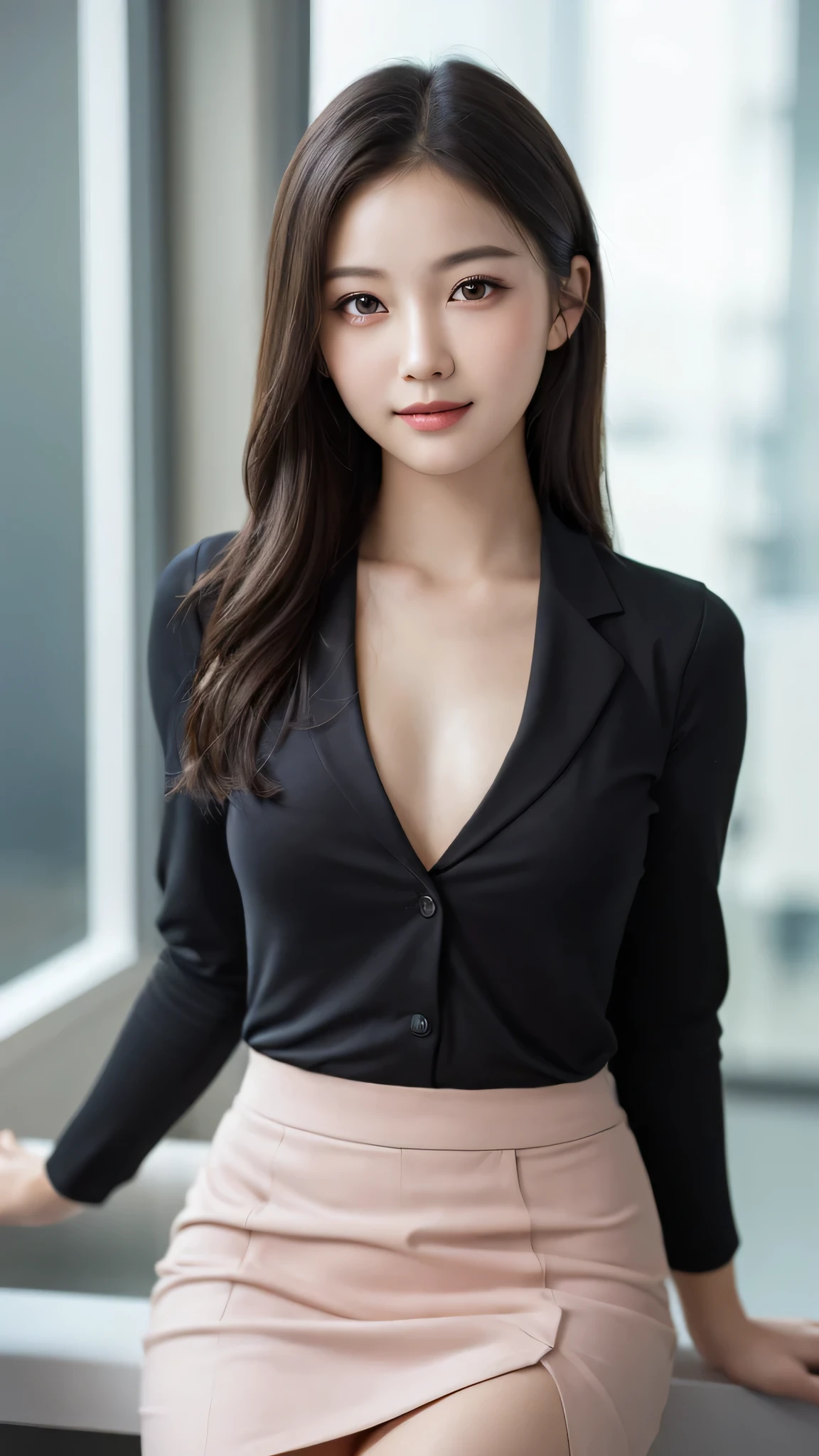 (1ung girl), gentle face, (round eyes:1.2), (highly detailed face), smile, Amazing face and eyes, (flat chest), (Best Quality:1.4), (Ultra-detailed), (extremely detailed CG unified 8k wallpaper), Highly detailed, High-definition raw color photos, Professional Photography, Realistic portrait, Amazing face and eyes, Pink eyes, indoors, office, (office lady, Tight Skirt:1.3), (A moment of relaxation), model, depth of fields, (fine face:1.2),