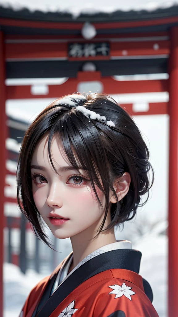 ((japanese kimono))、Snowy Japanese shrine background、(cowboy shot:1.3) winter、(snow:1.3)、(UHigh resolution, retina, masterpiece, Accurate, Anatomically correct, Textured skin, Super detailed, Attention to detail, high quality, 最high quality, High resolution, 1080p, High resolution, 4K, 8k, 16K), (Beautiful fine details, Beautiful lip detail, Highly detailed eyes and face), Soft lighting, Physically Based Rendering, Vibrant colors, (Shiny Hair, Shiny skin), (Bokeh), Eye Reflexes,(short hair:1.4)