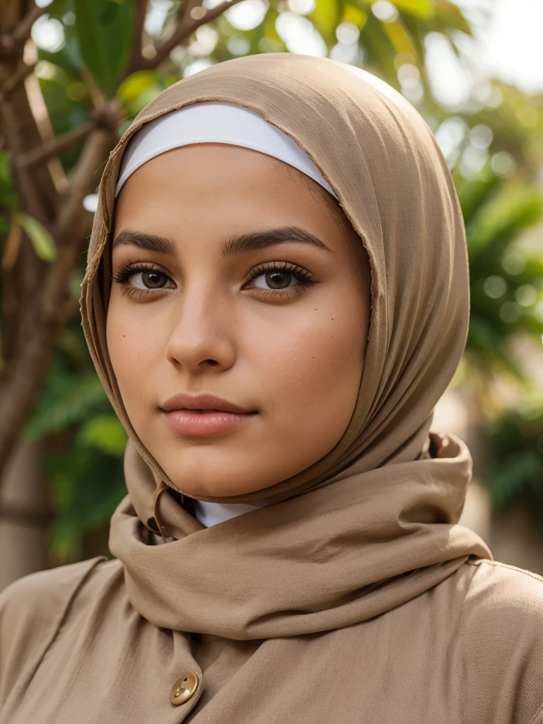 A young tanned brunette woman, de nationalité marocaine. She is a Muslim aged 26. Elle porte un hijab légitime et un long jilbab. Elle a des yeux de forme noisette et de colleurs marron foncé. Sa taille est de 158 cm et son poids est de 65 kg. Son nez est de forme button . She has a mole under her lips on the right and another above her lip on the left.